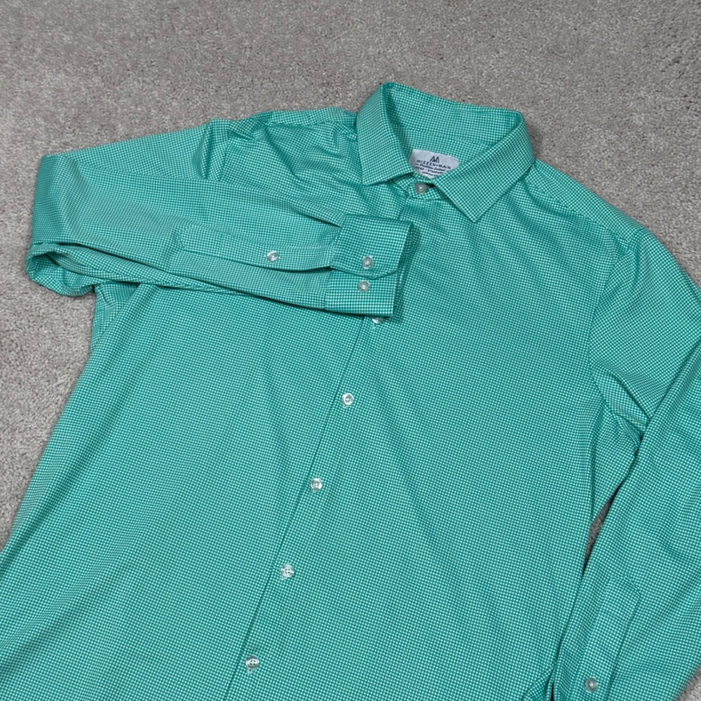 MIZZEN+MAIN Men's Large Standard Fit Gingham Check Button Down Dress Shirt Green